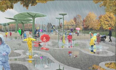 Un parc de pluie sur l'esplanade Geneviève-Anthonioz-De-Gaulle